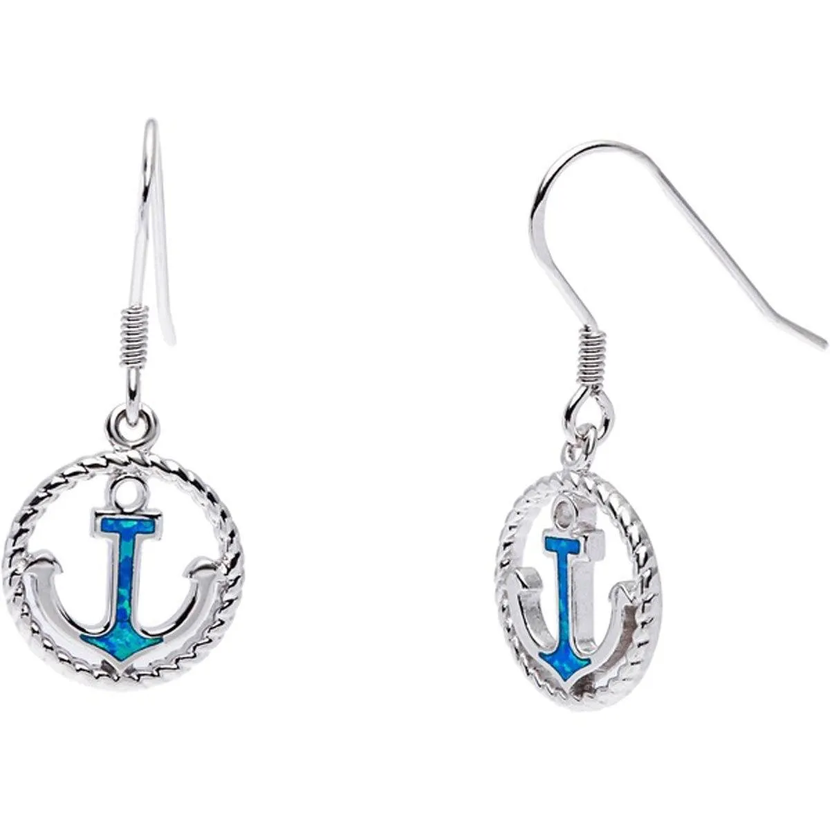 Women's Earrings - Open Rope Circle and Center Large Blue Opal Anchor | D-5489