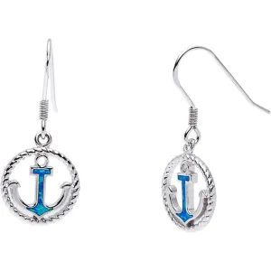 Women's Earrings - Open Rope Circle and Center Large Blue Opal Anchor | D-5489