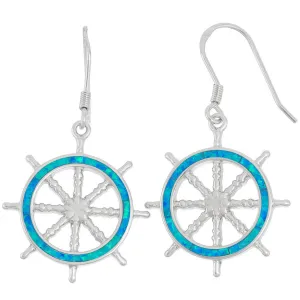 Women's Earrings - Sterling Silver Blue Inlay Opal Ship Wheel Shape | D-5902