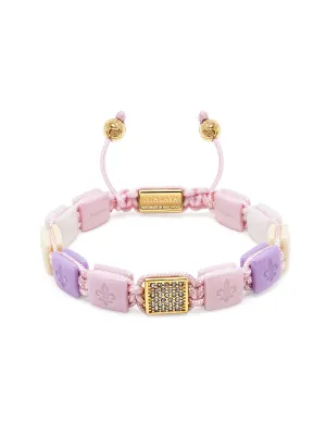 Women's White, Cream, Soft Pink & Lavender Ceramic Flatbead Bracelet with Gold CZ