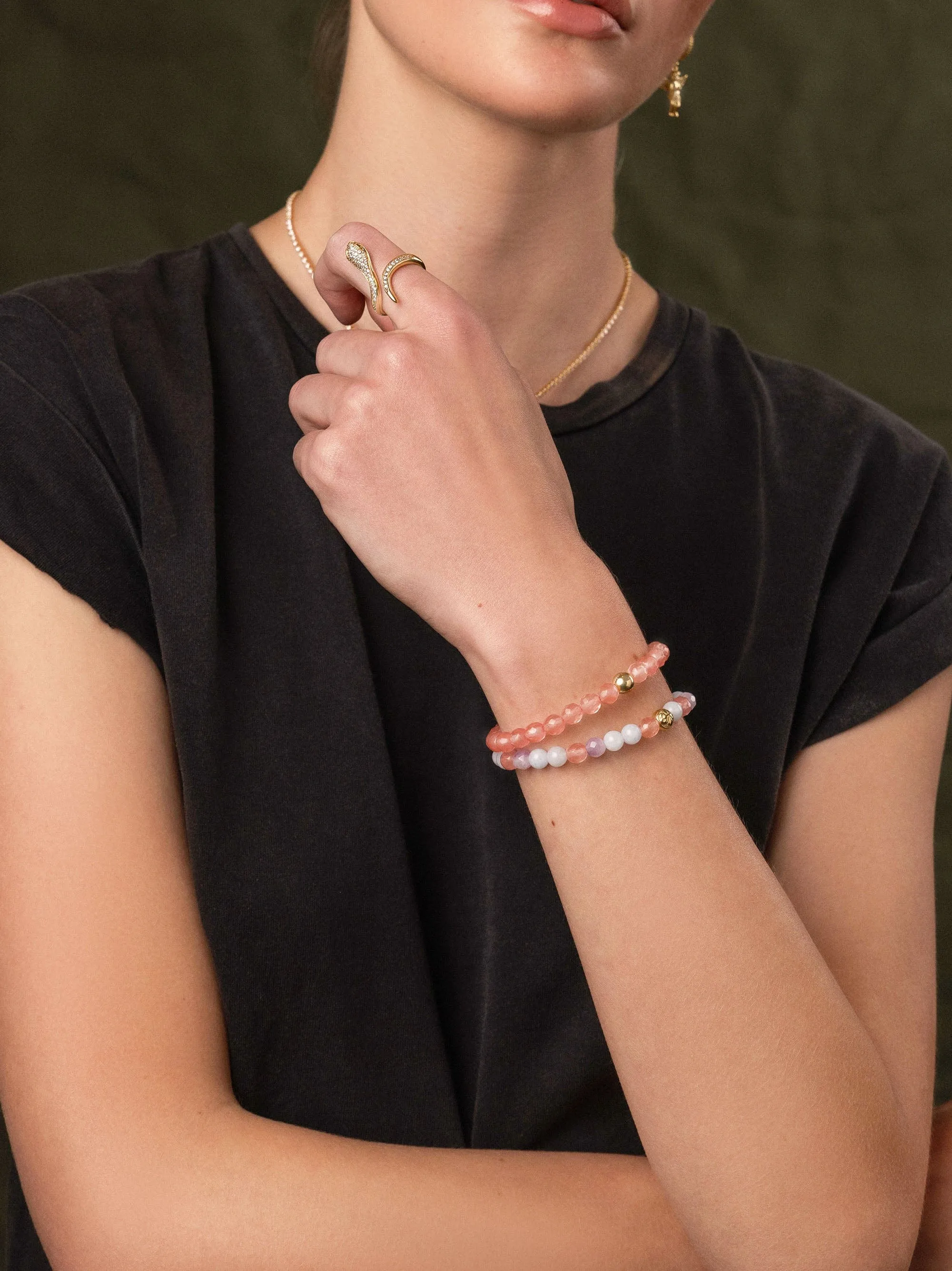 Women's Wristband with Cherry Quartz and Gold