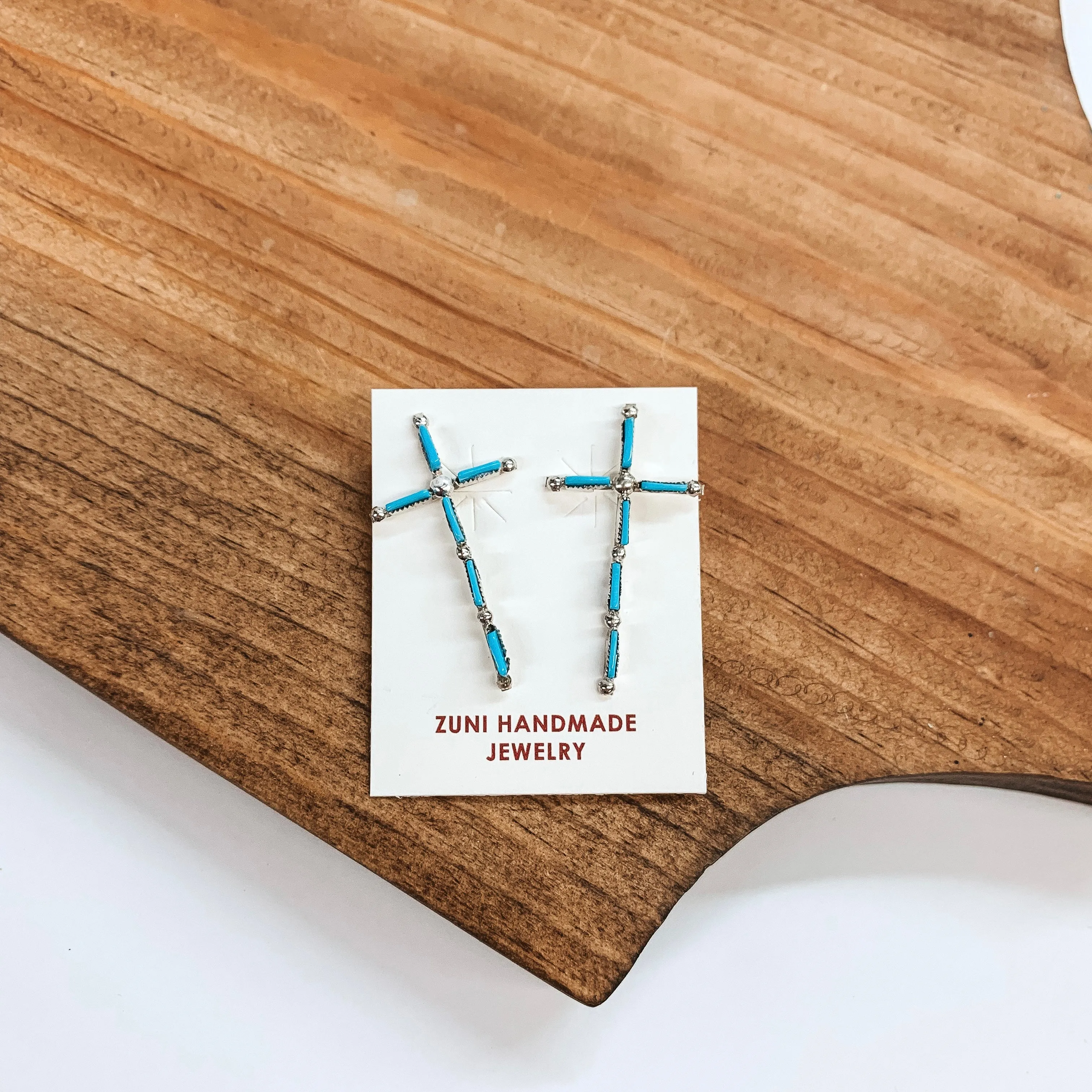 Zuni | Zuni Handmade Sterling Silver and Turquoise Long Skinny Post Back Cross Earrings