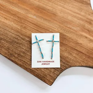 Zuni | Zuni Handmade Sterling Silver and Turquoise Long Skinny Post Back Cross Earrings